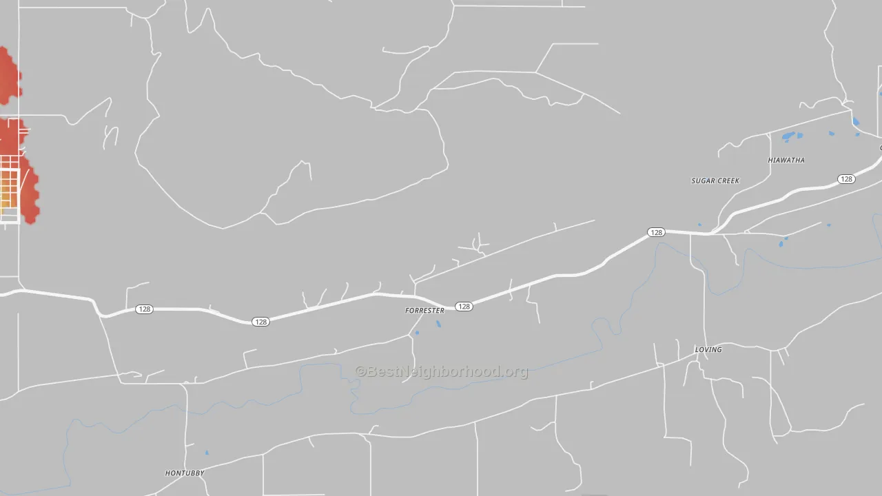 Walk Grade map of Forrester, OK, walkable areas in green and car-dependent areas in red