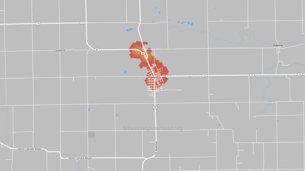 Walk Grade map of Forreston, IL, walkable areas in green and car-dependent areas in red
