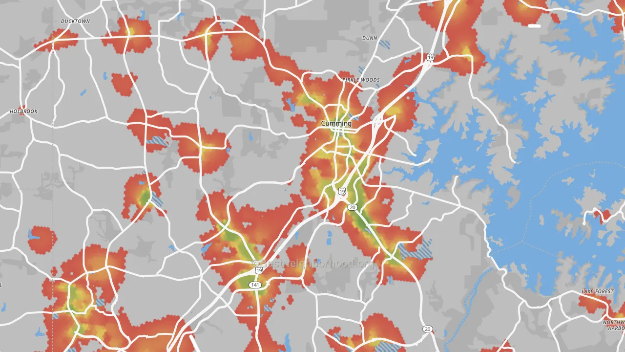 Walk Grade map of Forsyth County, GA, walkable areas in green and car-dependent areas in red