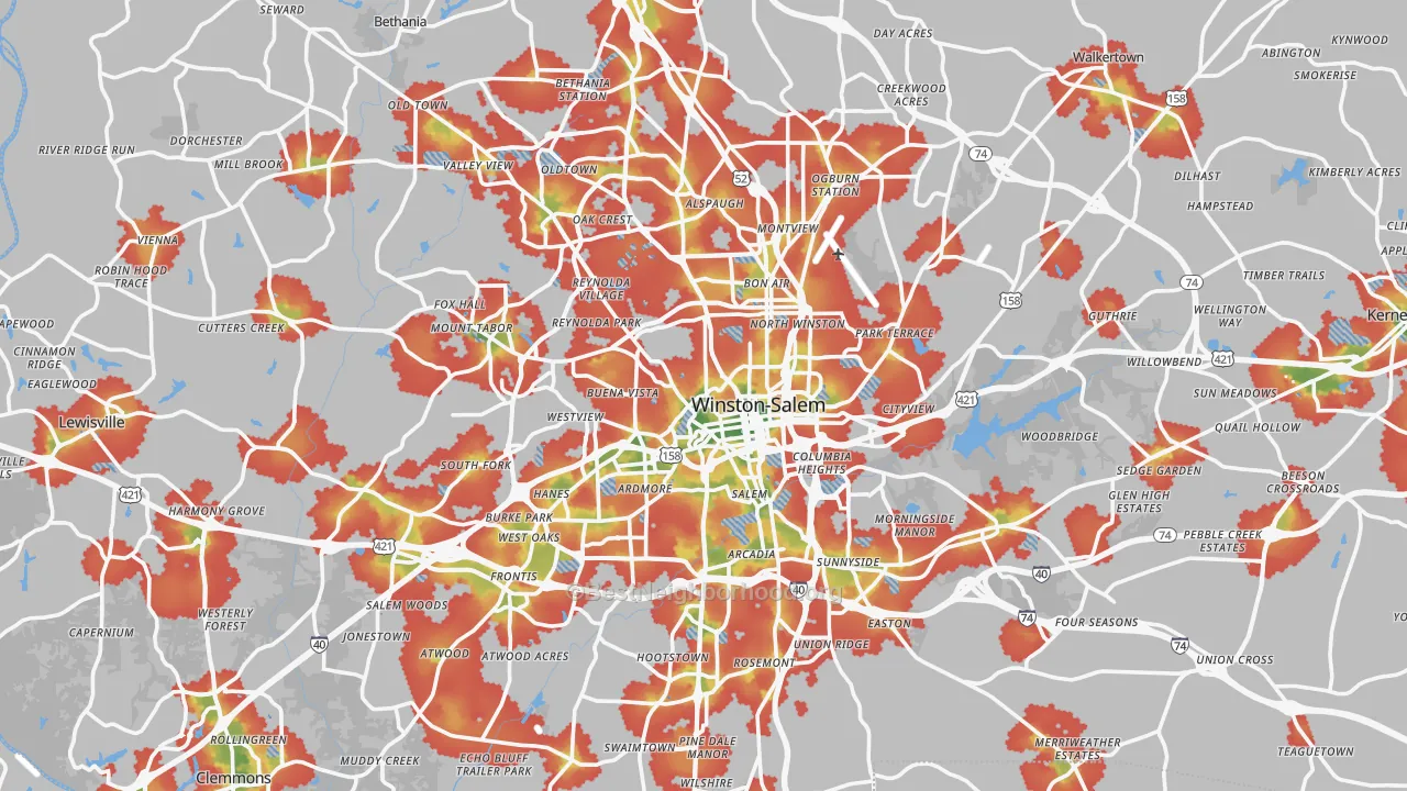 Walk Grade map of Forsyth County, NC, walkable areas in green and car-dependent areas in red