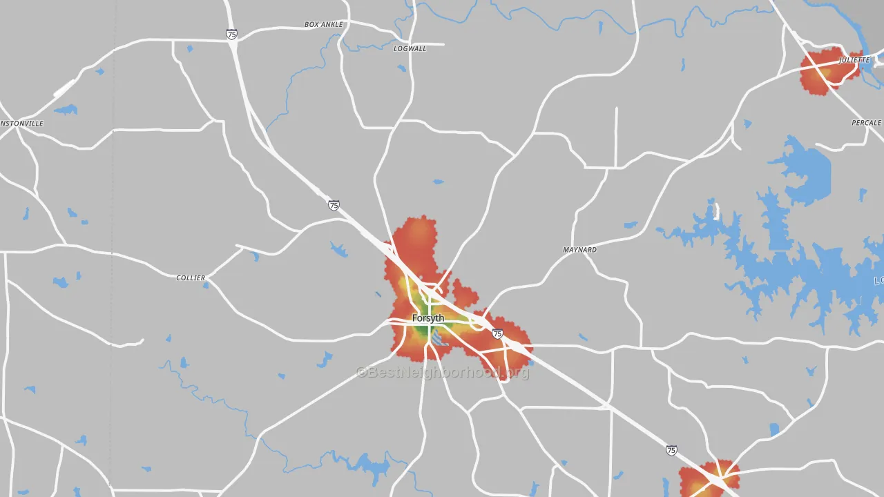 Walk Grade map of Forsyth, GA, walkable areas in green and car-dependent areas in red