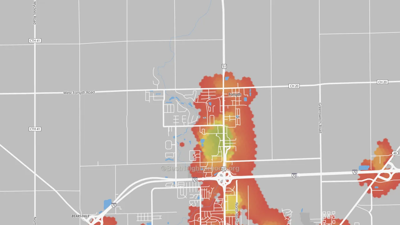 Walk Grade map of Forsyth, IL, walkable areas in green and car-dependent areas in red
