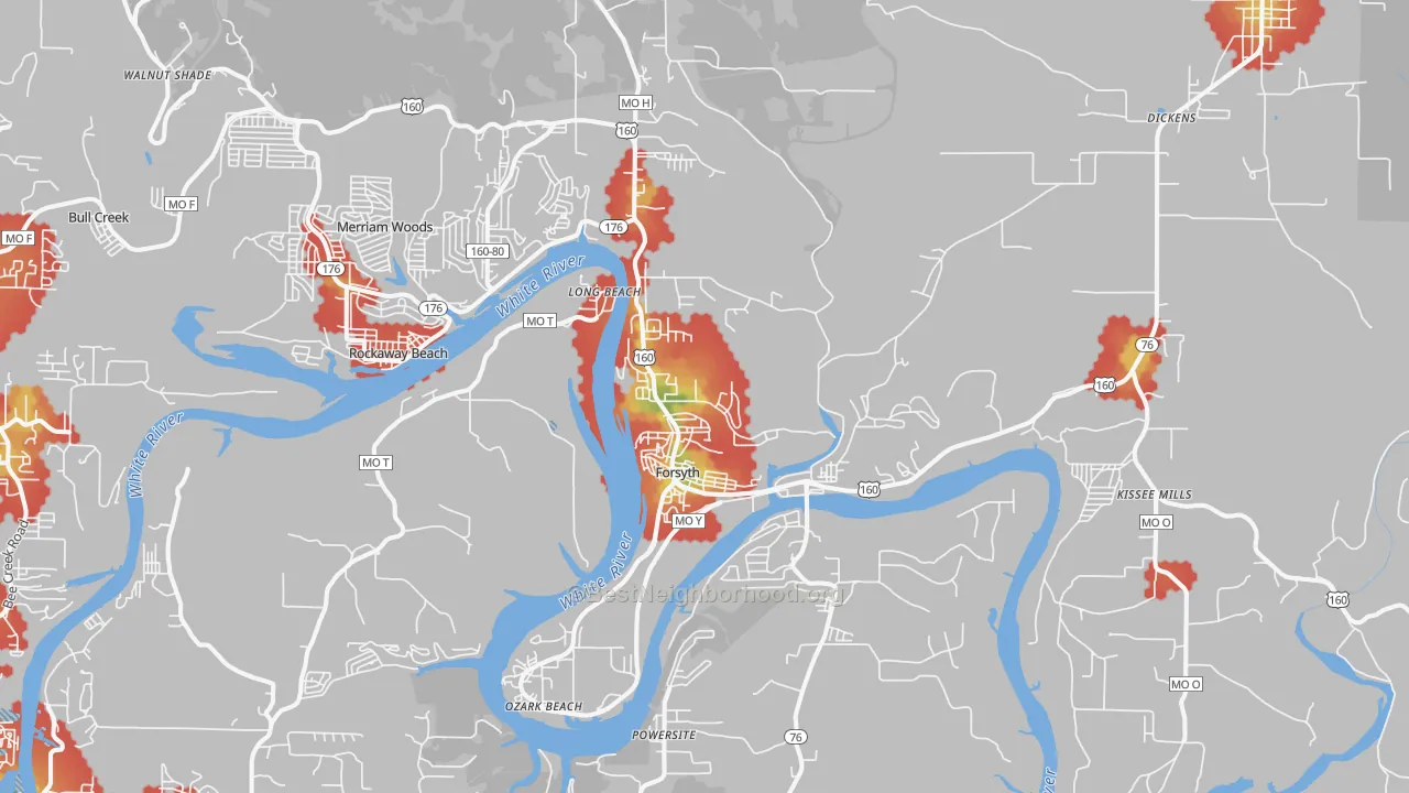Walk Grade map of Forsyth, MO, walkable areas in green and car-dependent areas in red