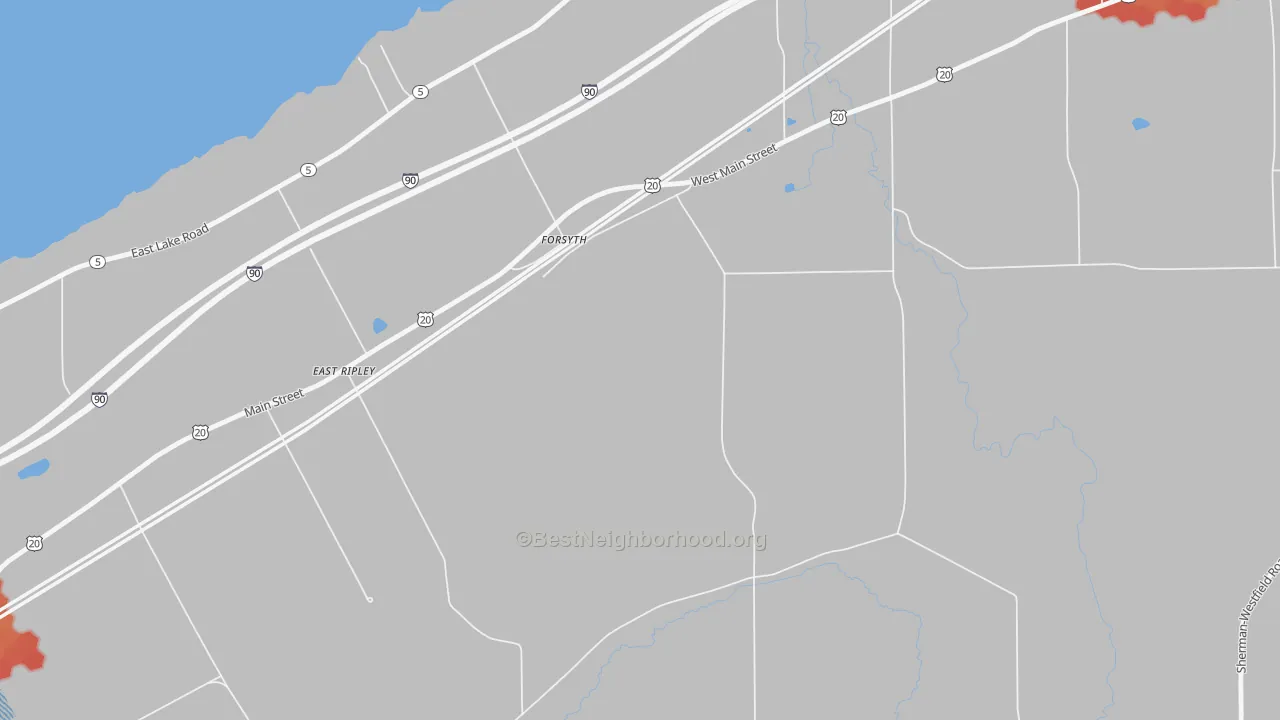 Walk Grade map of Forsyth, NY, walkable areas in green and car-dependent areas in red