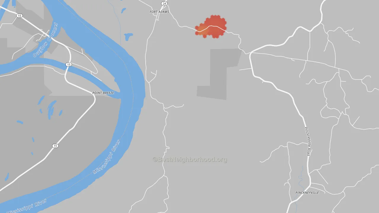 Walk Grade map of Fort Adams, MS, walkable areas in green and car-dependent areas in red