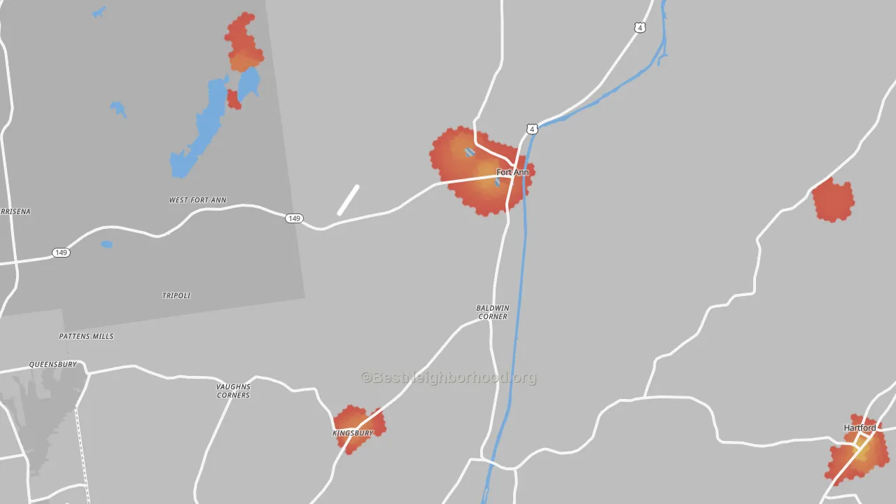 Walk Grade map of Fort Ann, NY, walkable areas in green and car-dependent areas in red