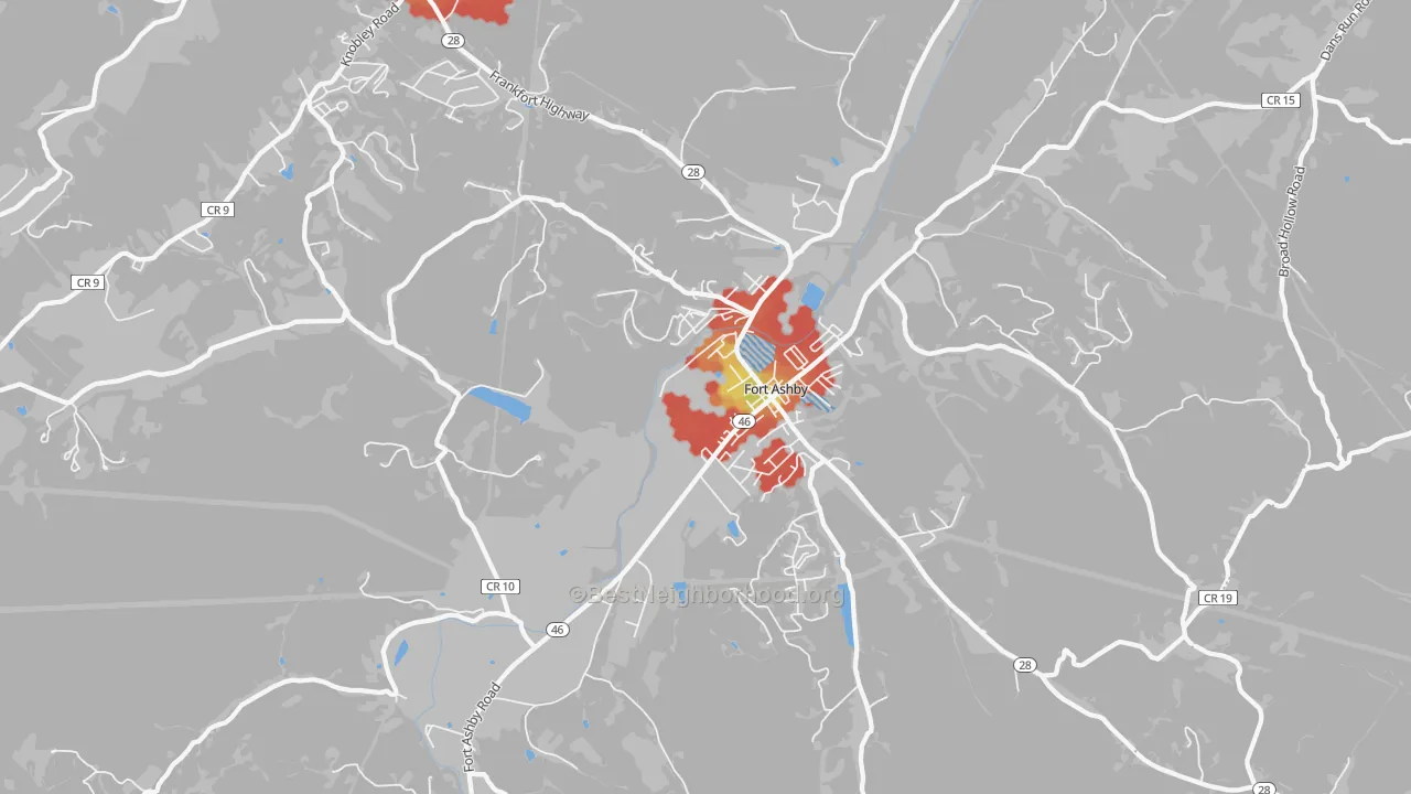 Walk Grade map of Fort Ashby, WV, walkable areas in green and car-dependent areas in red