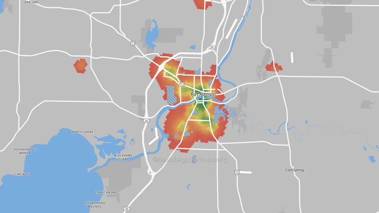 Walk Grade map of Fort Atkinson, WI, walkable areas in green and car-dependent areas in red