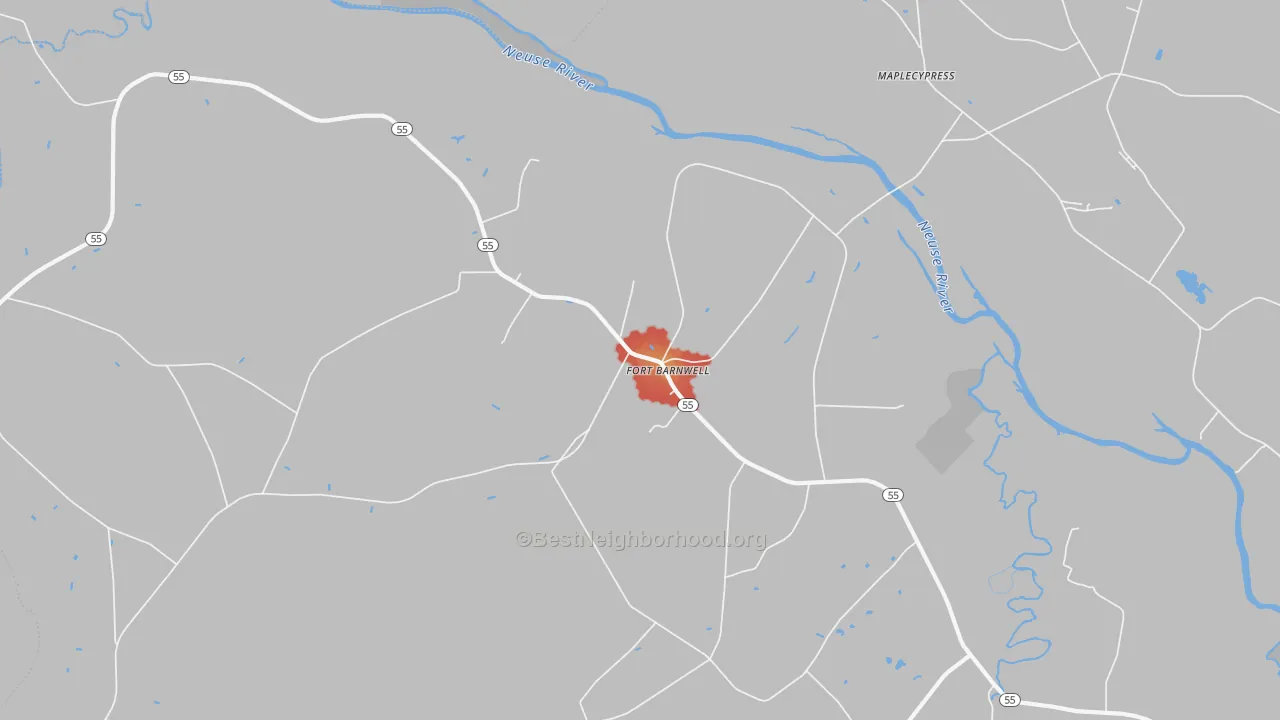 Walk Grade map of Fort Barnwell, NC, walkable areas in green and car-dependent areas in red