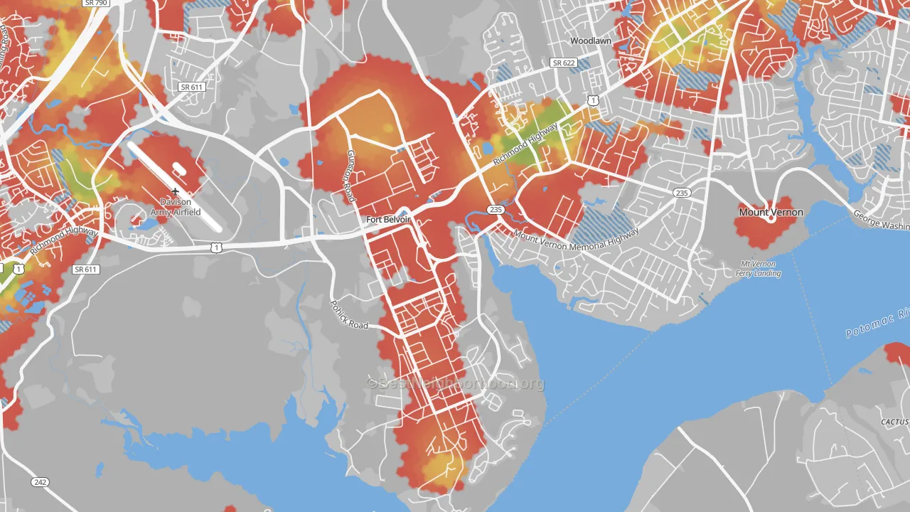 Walk Grade map of Fort Belvoir, VA, walkable areas in green and car-dependent areas in red