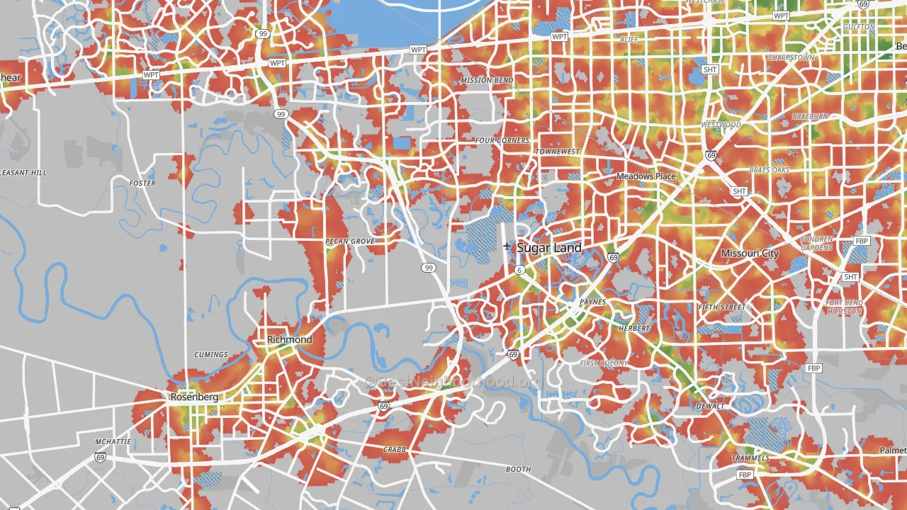 Walk Grade map of Fort Bend County, TX, walkable areas in green and car-dependent areas in red