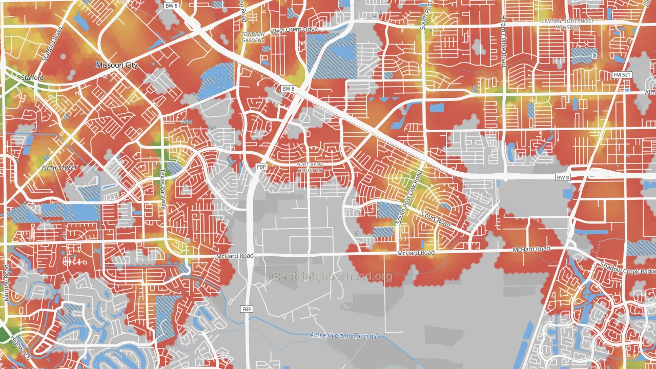Walk Grade map of Fort Bend Houston, Missouri City, TX, walkable areas in green and car-dependent areas in red