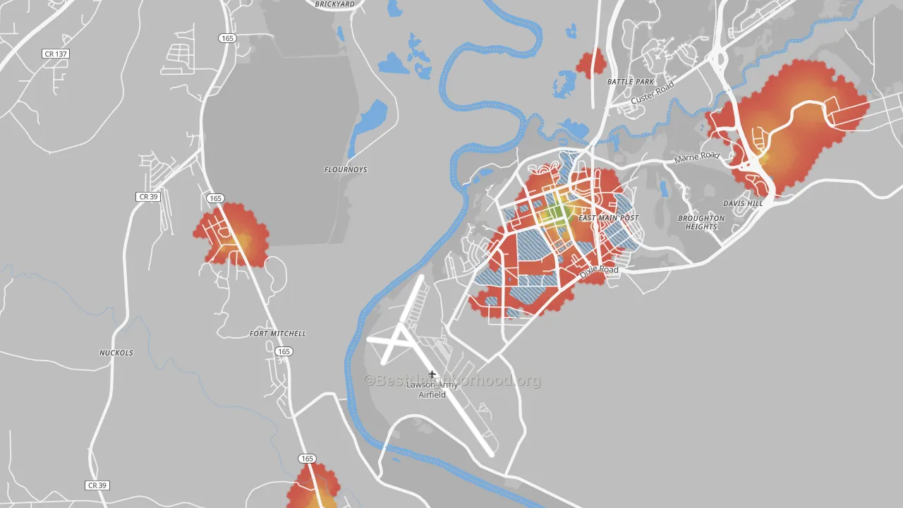 Walk Grade map of Fort Benning South, GA, walkable areas in green and car-dependent areas in red