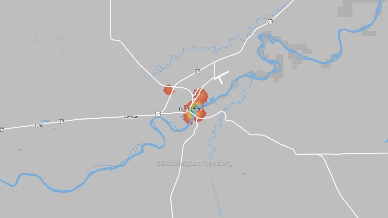 Walk Grade map of Fort Benton, MT, walkable areas in green and car-dependent areas in red