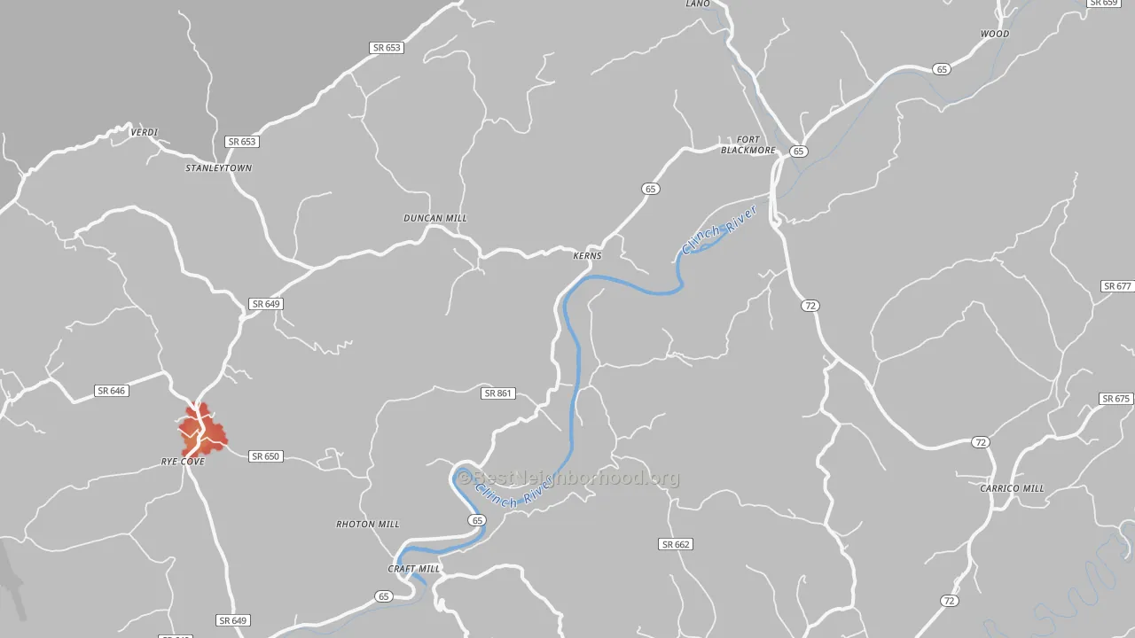 Walk Grade map of Fort Blackmore, VA, walkable areas in green and car-dependent areas in red
