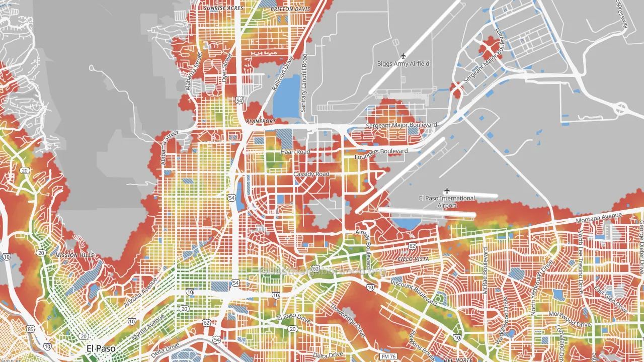 Walk Grade map of Fort Bliss, TX, walkable areas in green and car-dependent areas in red