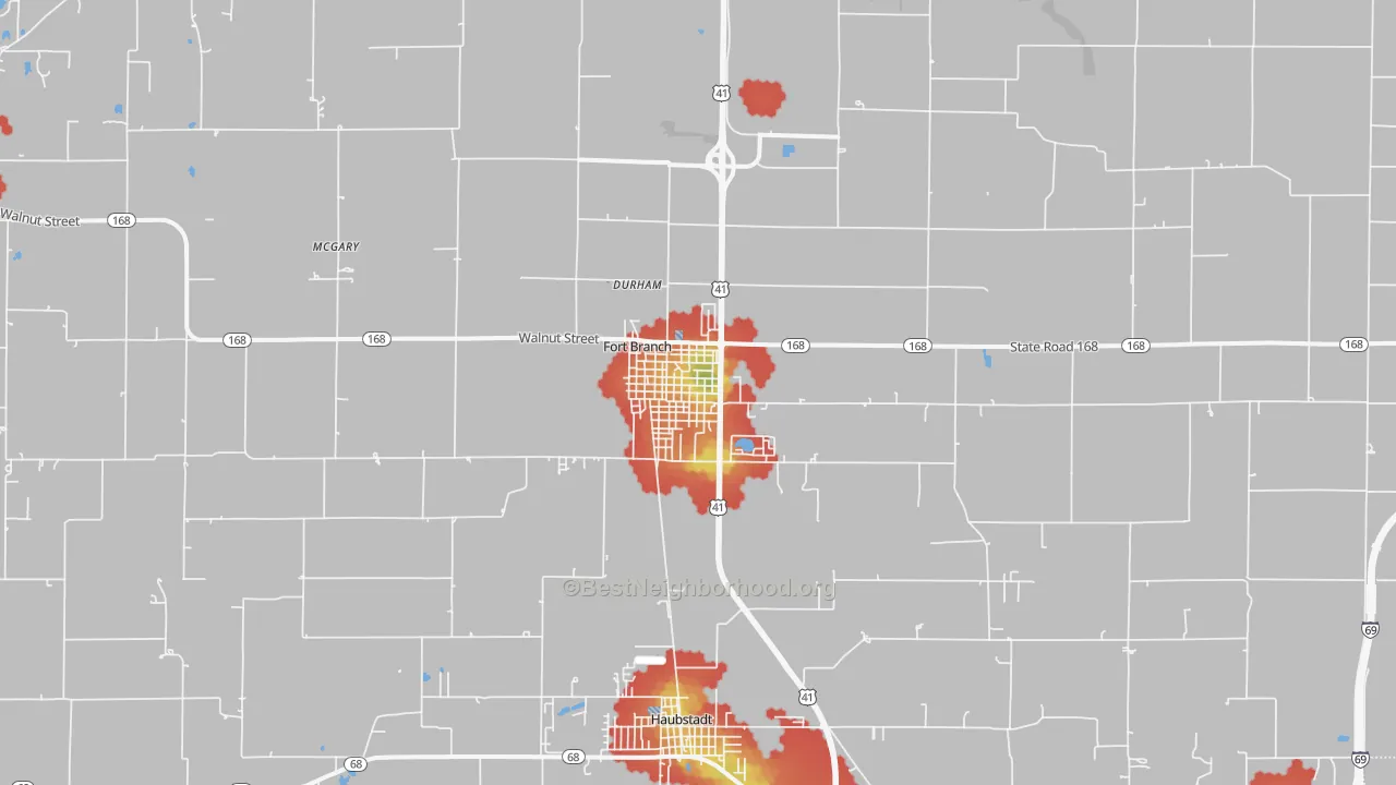 Walk Grade map of Fort Branch, IN, walkable areas in green and car-dependent areas in red