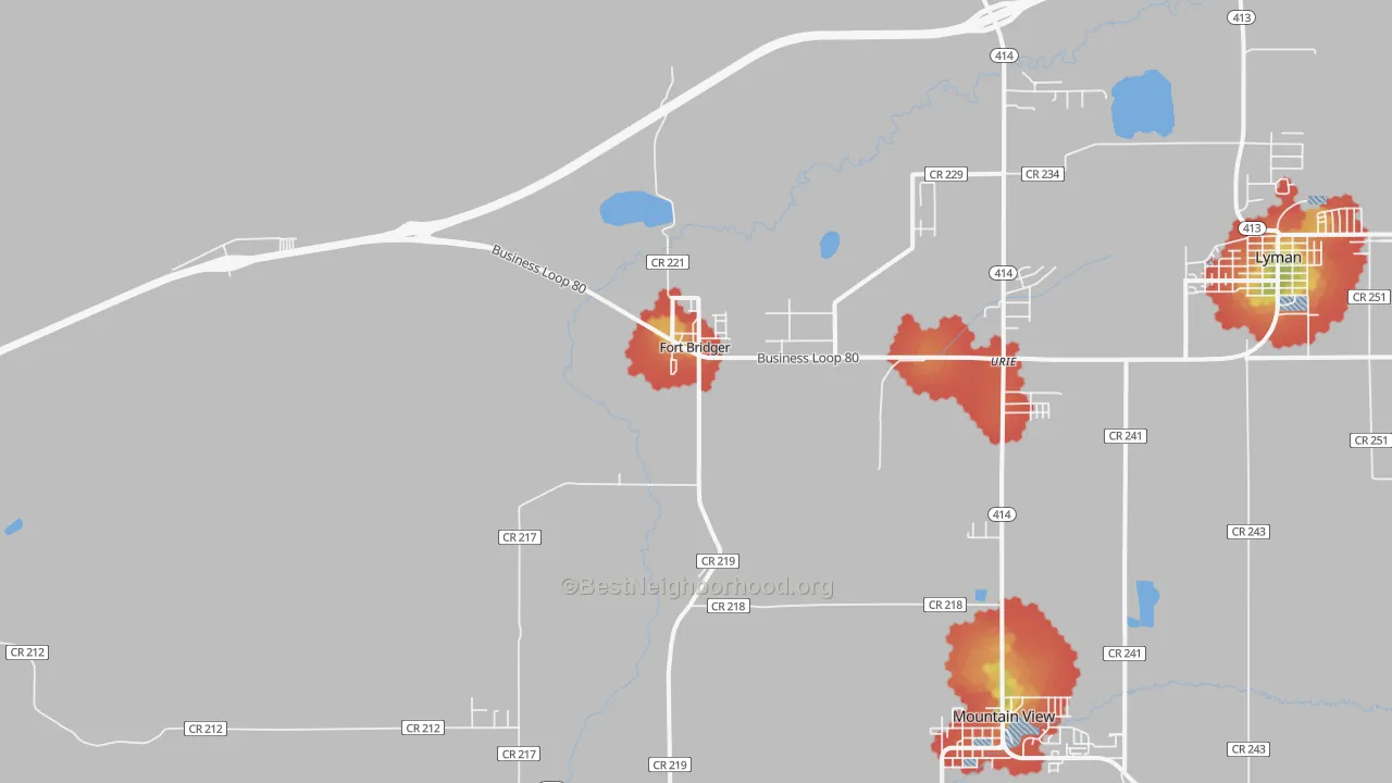 Walk Grade map of Fort Bridger, WY, walkable areas in green and car-dependent areas in red