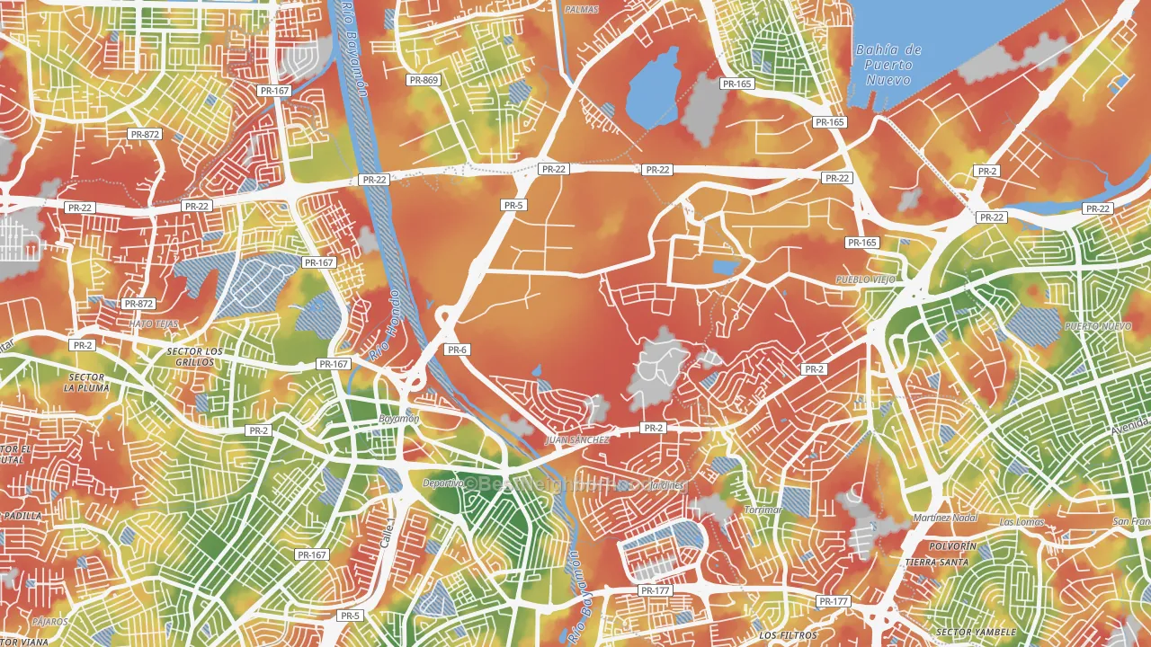 Walk Grade map of Fort Buchanan, PR, walkable areas in green and car-dependent areas in red