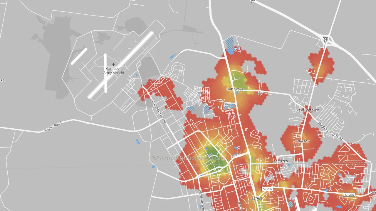 Walk Grade map of Fort Campbell North, KY, walkable areas in green and car-dependent areas in red