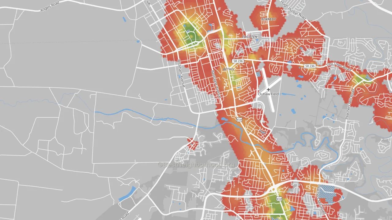 Walk Grade map of Fort Campbell, TN, walkable areas in green and car-dependent areas in red