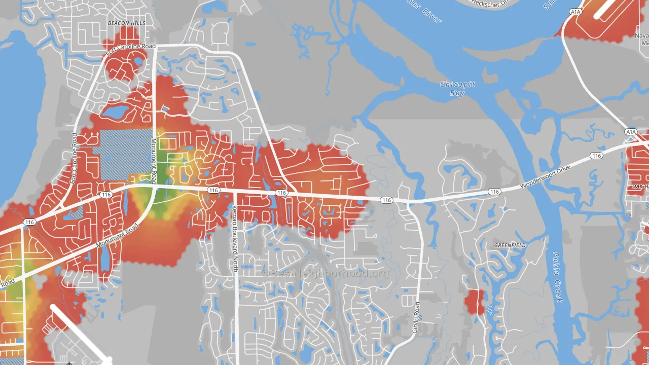 Walk Grade map of Fort Caroline Shores, Jacksonville, FL, walkable areas in green and car-dependent areas in red
