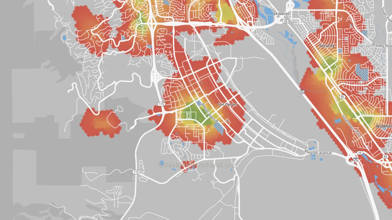 Walk Grade map of Fort Carson, CO, walkable areas in green and car-dependent areas in red