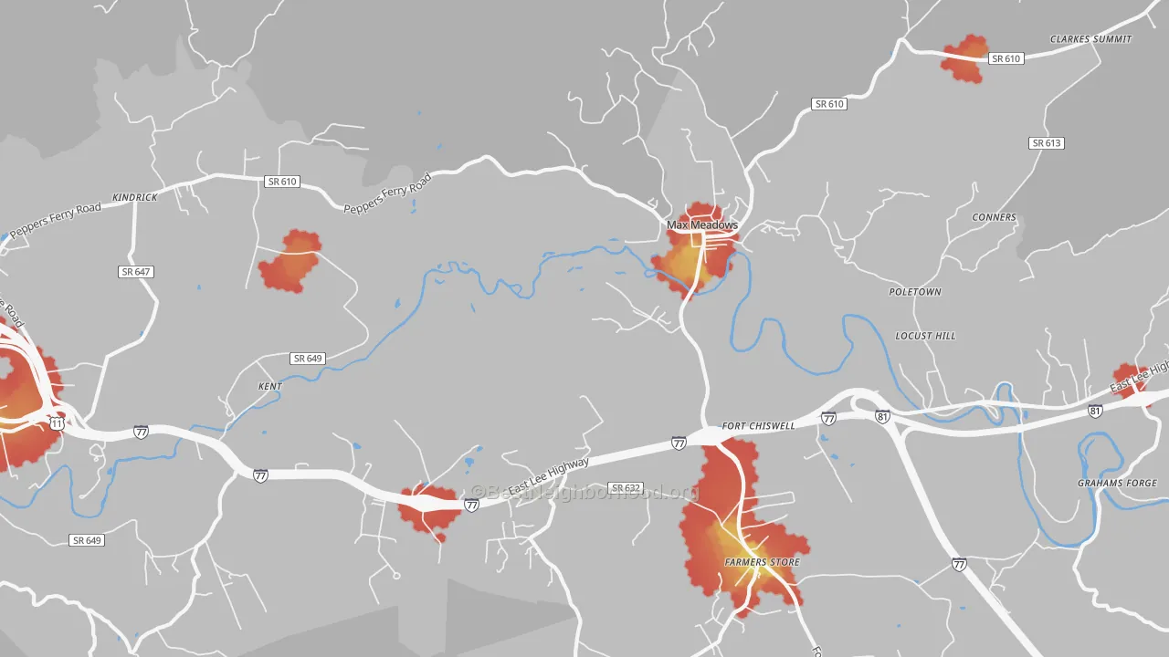 Walk Grade map of Fort Chiswell, VA, walkable areas in green and car-dependent areas in red