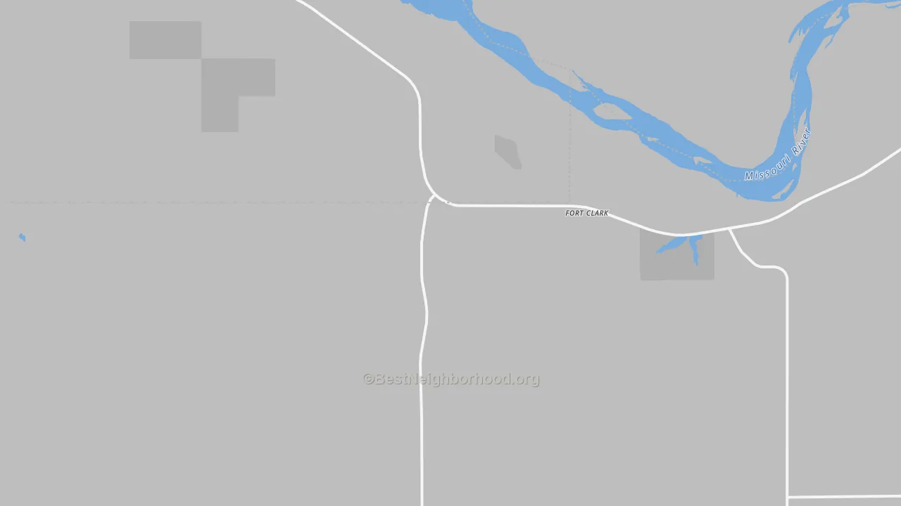 Walk Grade map of Fort Clark, ND, walkable areas in green and car-dependent areas in red
