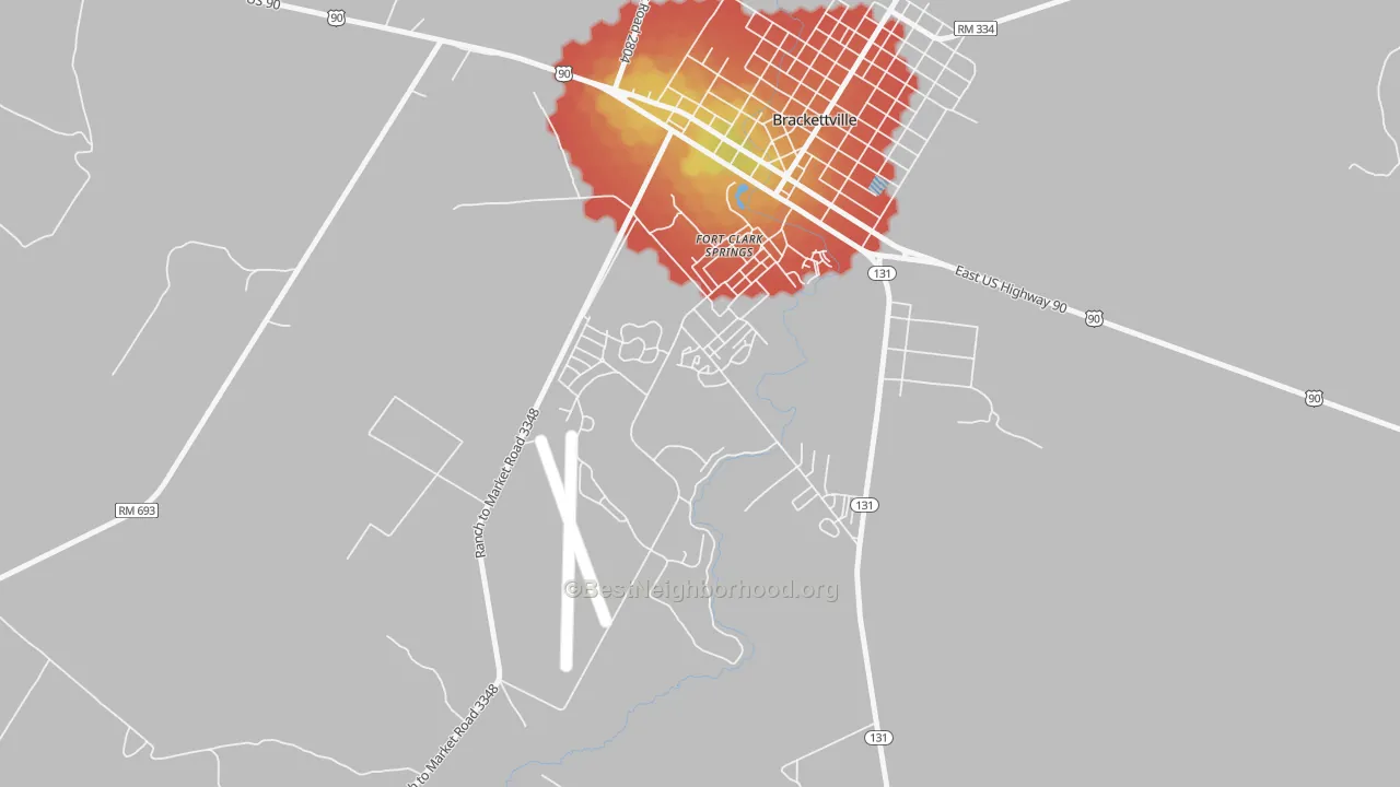 Walk Grade map of Fort Clark Springs, TX, walkable areas in green and car-dependent areas in red