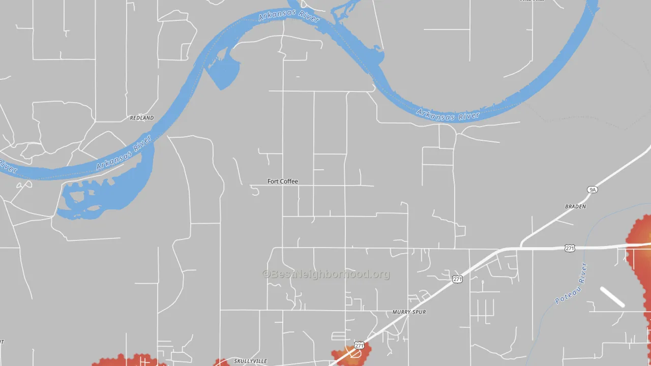 Walk Grade map of Fort Coffee, OK, walkable areas in green and car-dependent areas in red