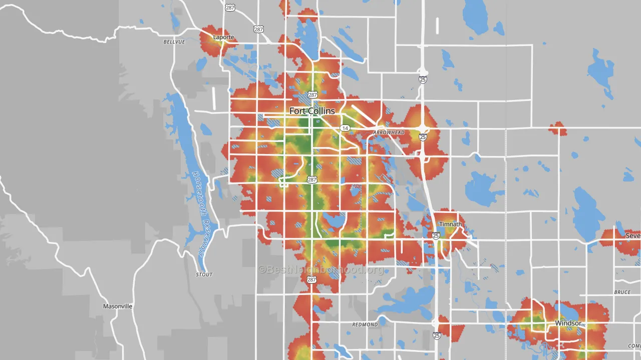 Walk Grade map of Fort Collins, CO, walkable areas in green and car-dependent areas in red