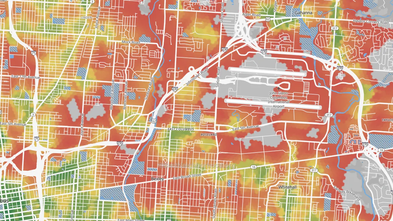 Walk Grade map of Fort Columbus Airport, Columbus, OH, walkable areas in green and car-dependent areas in red