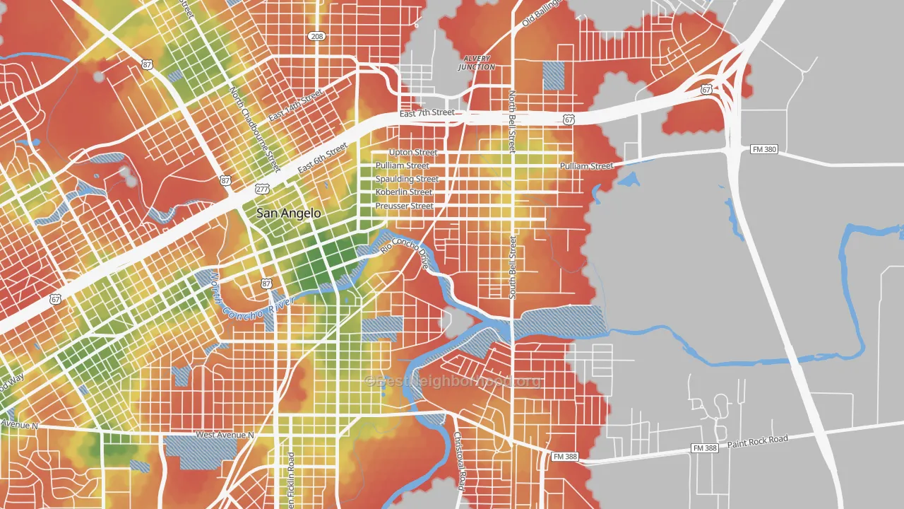 Walk Grade map of Fort Concho, San Angelo, TX, walkable areas in green and car-dependent areas in red