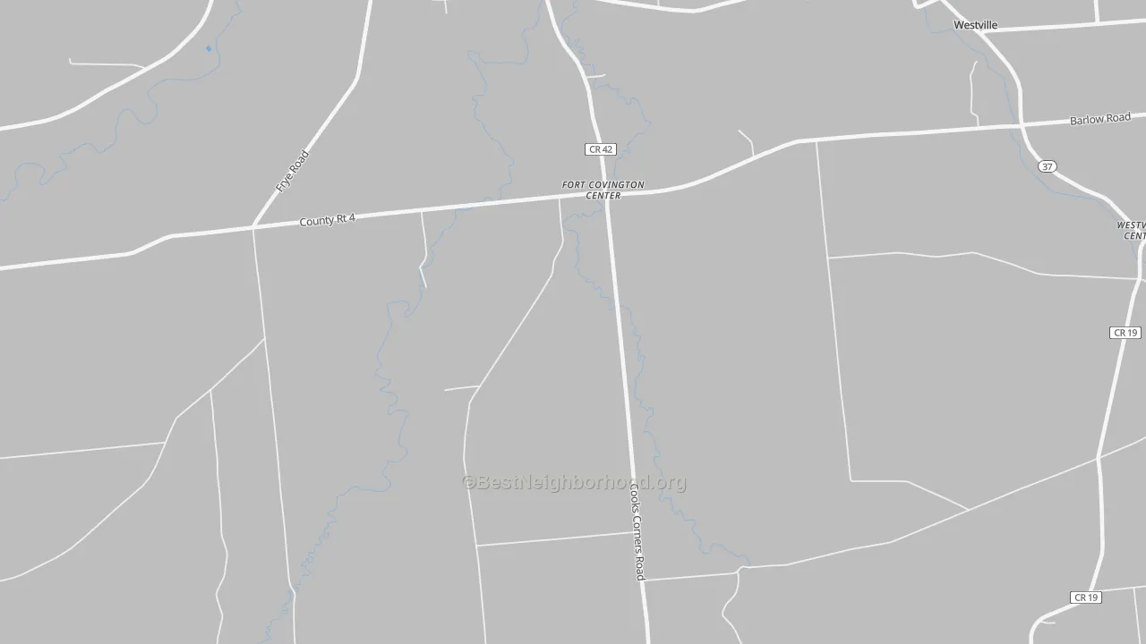 Walk Grade map of Fort Covington Center, NY, walkable areas in green and car-dependent areas in red