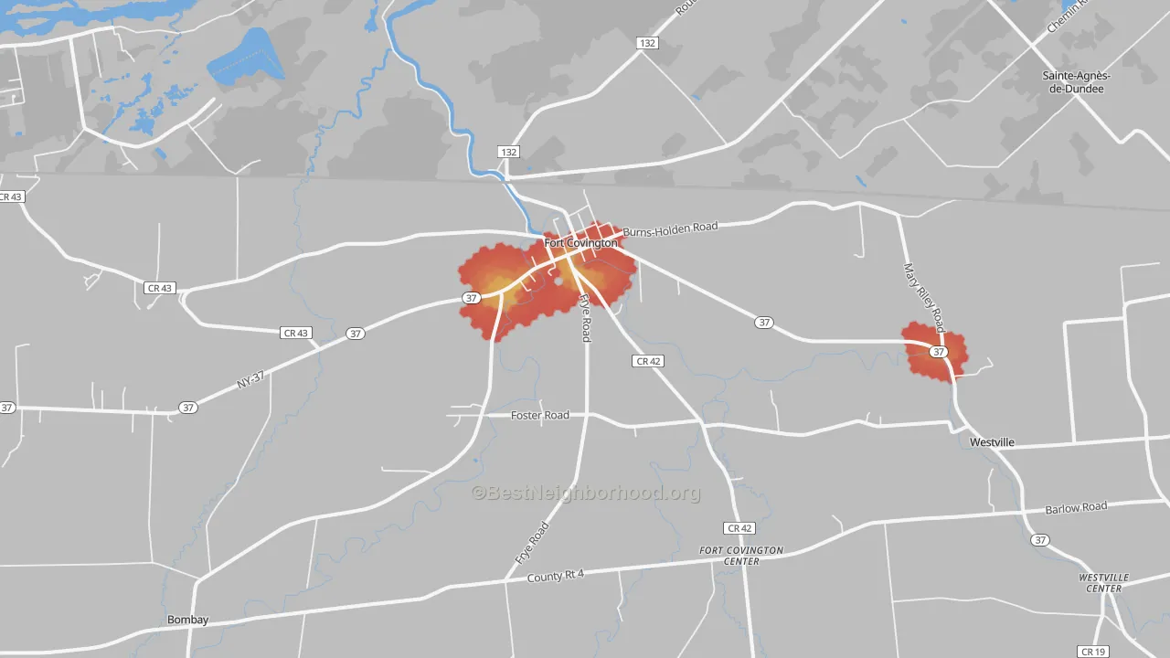 Walk Grade map of Fort Covington, NY, walkable areas in green and car-dependent areas in red