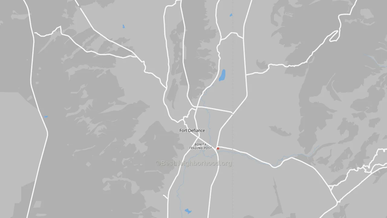 Walk Grade map of Fort Defiance, AZ, walkable areas in green and car-dependent areas in red