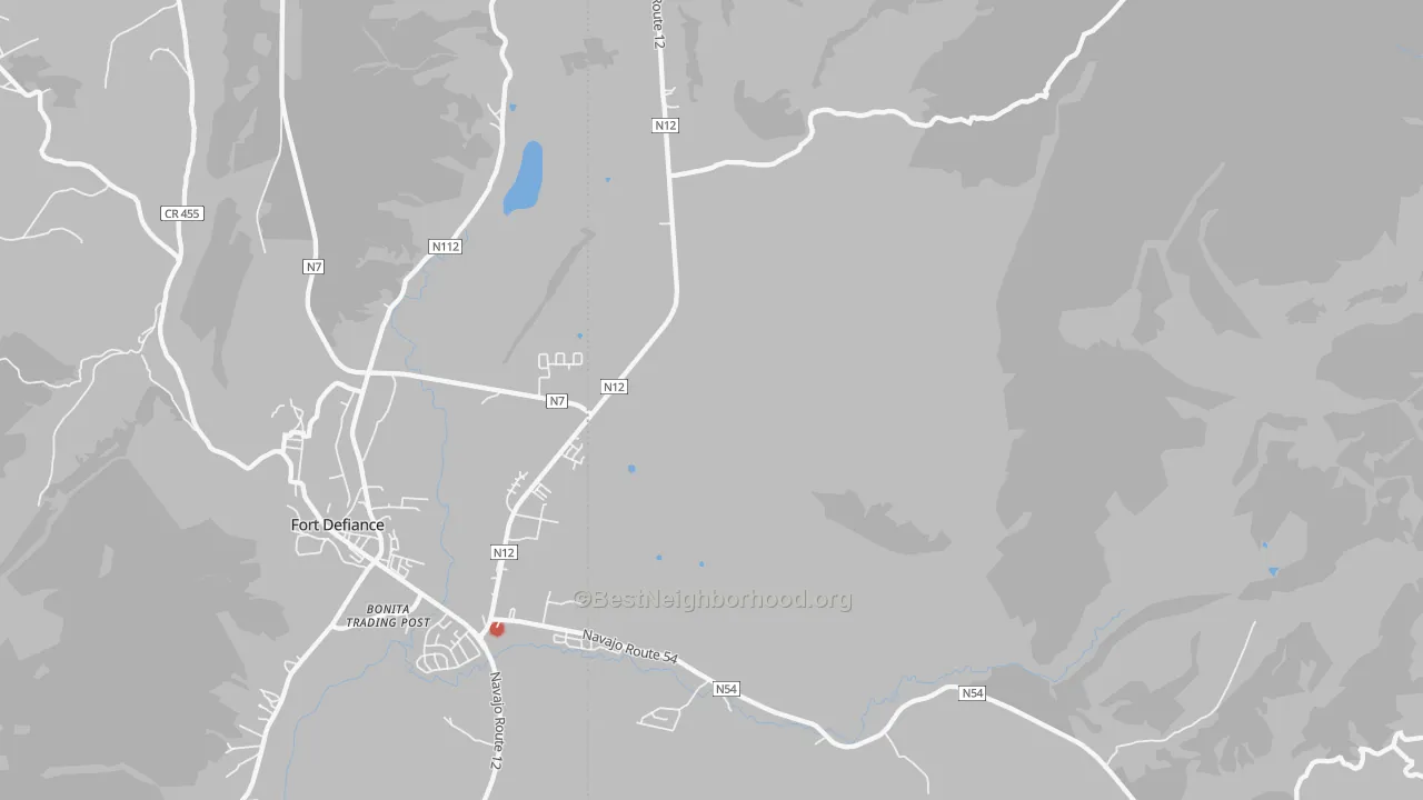Walk Grade map of Fort Defiance, NM, walkable areas in green and car-dependent areas in red