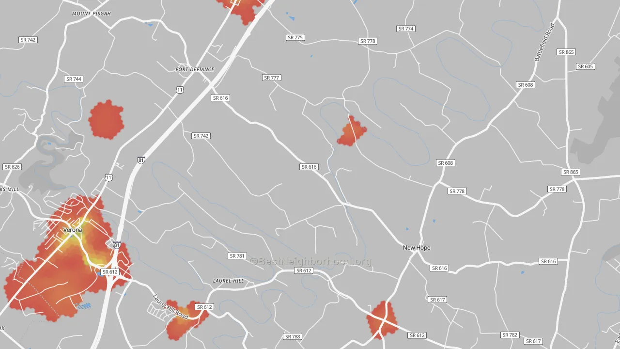 Walk Grade map of Fort Defiance, VA, walkable areas in green and car-dependent areas in red
