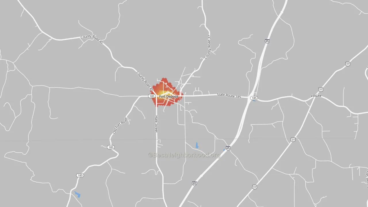 Walk Grade map of Fort Deposit, AL, walkable areas in green and car-dependent areas in red