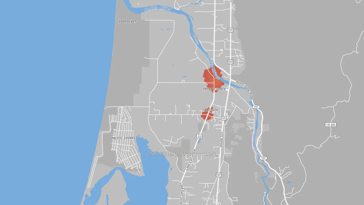 Walk Grade map of Fort Dick, CA, walkable areas in green and car-dependent areas in red