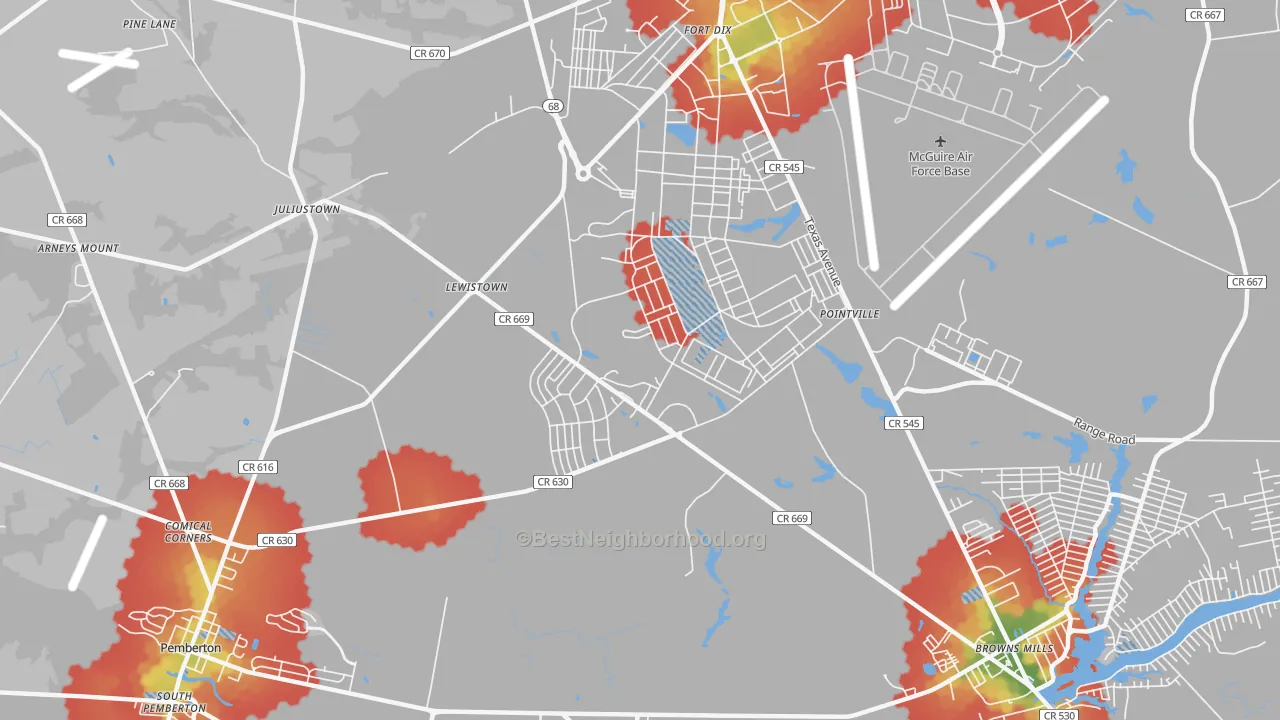Walk Grade map of Fort Dix, NJ, walkable areas in green and car-dependent areas in red
