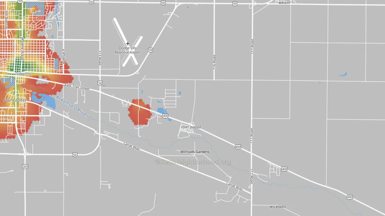 Walk Grade map of Fort Dodge, KS, walkable areas in green and car-dependent areas in red
