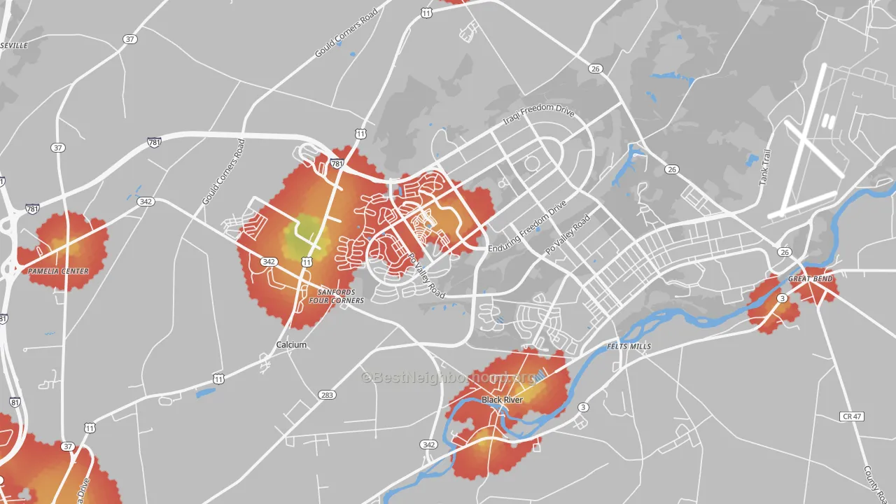 Walk Grade map of Fort Drum, NY, walkable areas in green and car-dependent areas in red