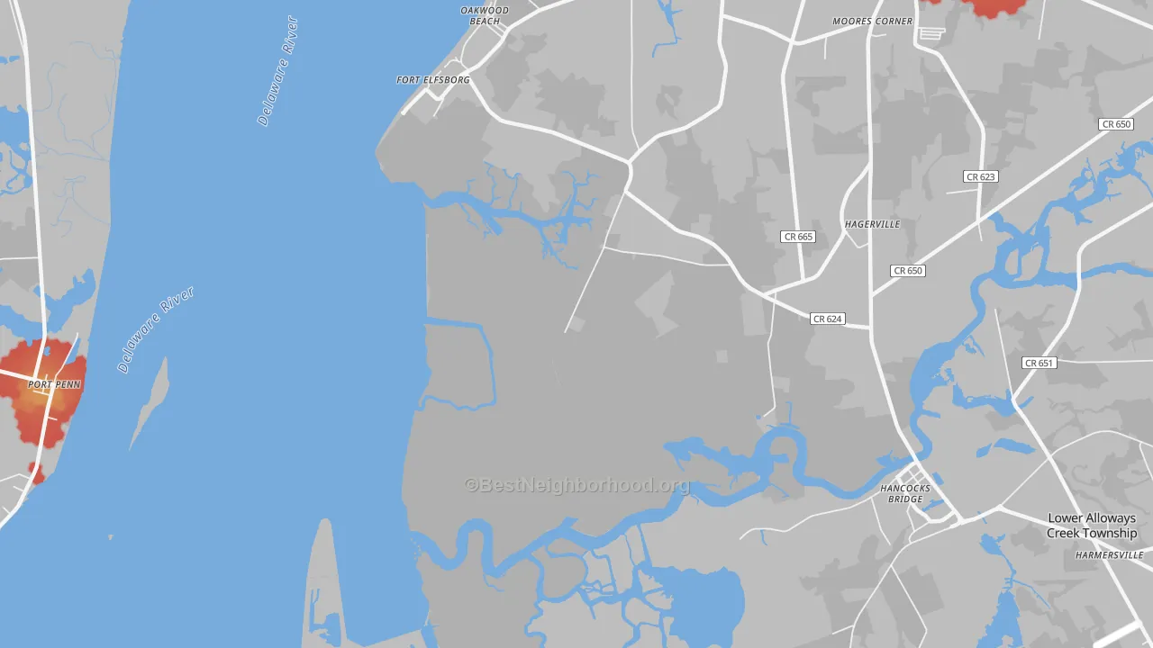 Walk Grade map of Fort Elfsborg, NJ, walkable areas in green and car-dependent areas in red
