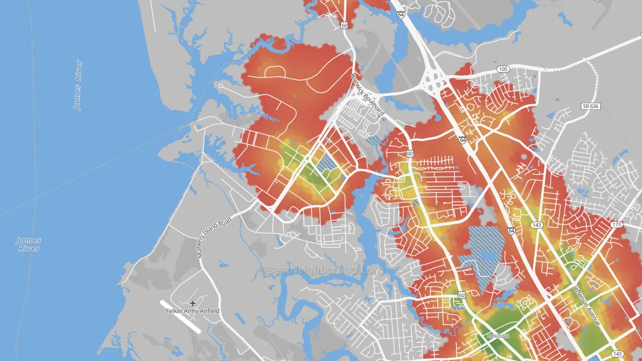 Walk Grade map of Fort Eustis, VA, walkable areas in green and car-dependent areas in red