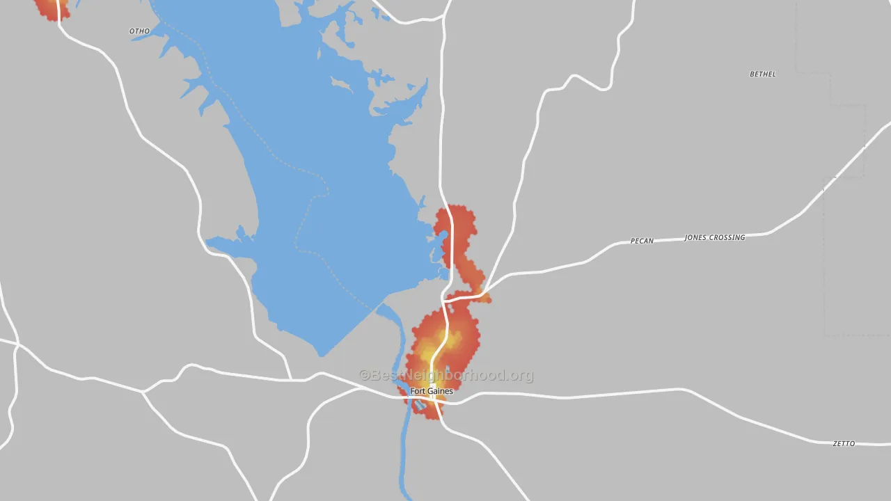 Walk Grade map of Fort Gaines, GA, walkable areas in green and car-dependent areas in red