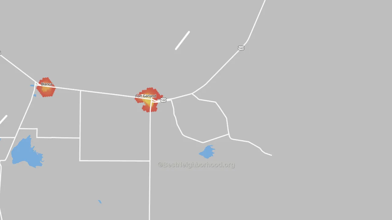Walk Grade map of Fort Garland, CO, walkable areas in green and car-dependent areas in red
