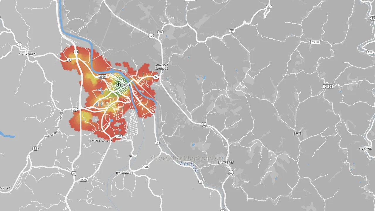 Walk Grade map of Fort Gay, WV, walkable areas in green and car-dependent areas in red