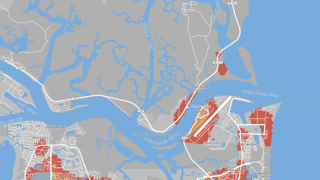 Walk Grade map of Fort George Island, FL, walkable areas in green and car-dependent areas in red